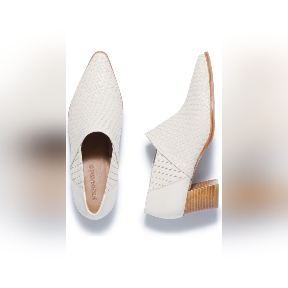 Bernardo Cream Woven Pointed-Toe Mules with Stacked Heel